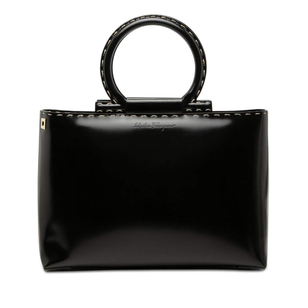 Ferragamo Patent Gancini Top Handle Satchel Black Leather Very good - Front View