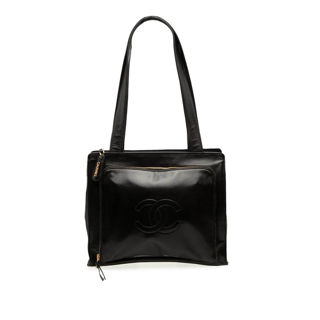 Chanel CC Lambskin Front Zip Pocket Tote Black Leather Very good - Front View