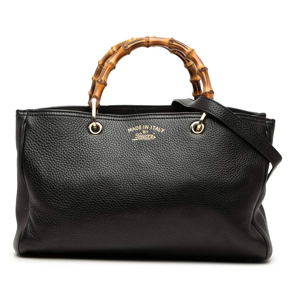 Gucci Medium Calfskin Bamboo Shopper Satchel Black Leather Very good - Front View