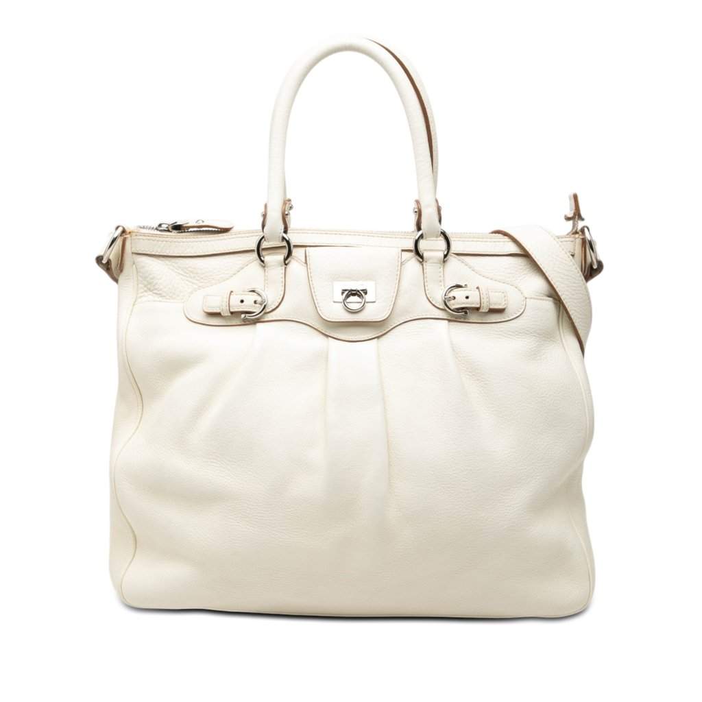 Ferragamo Leather Gancini Convertible Tote White Leather Very good condition - Front View