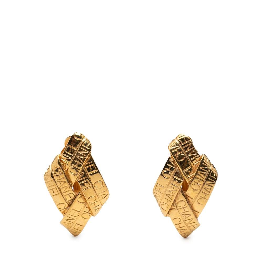 Chanel Gold Plated Logo Diamond Clip On Earrings Gold Metal Very good - Front View