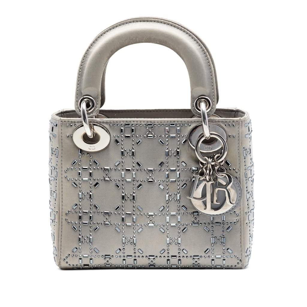 Dior Mini Satin Cannage Crystal Embellished Lady Dior Grey Very good condition - Front View