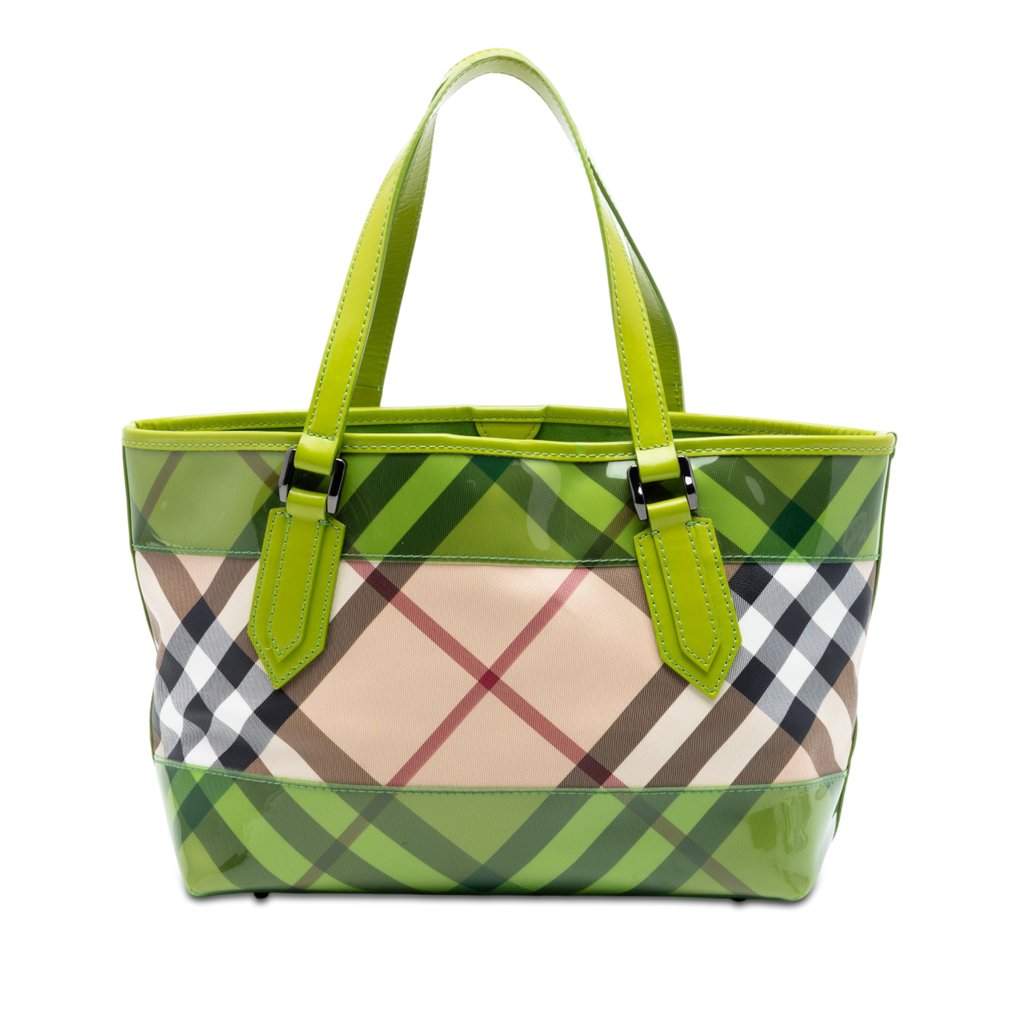 Burberry Patent Trimmed Supernova Check Coated Canvas Tote Beige Very good condition - Front View