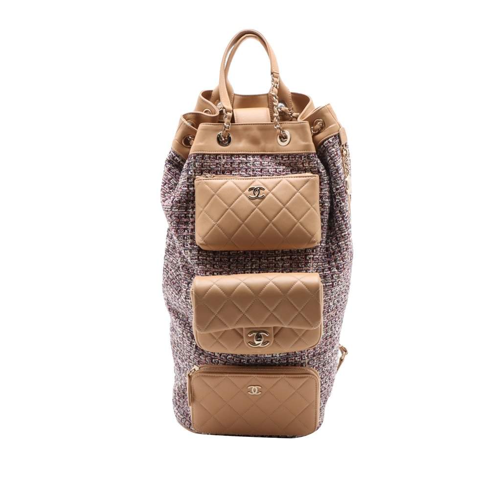Chanel Tweed and Quilted Lambskin Multi Pocket Drawstring Backpack Beige Very good condition - Front View