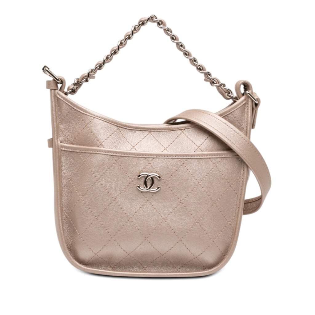 Chanel Small Quilted Metallic Calfskin Jungle Stroll Hobo Pink Leather Very good - Front View