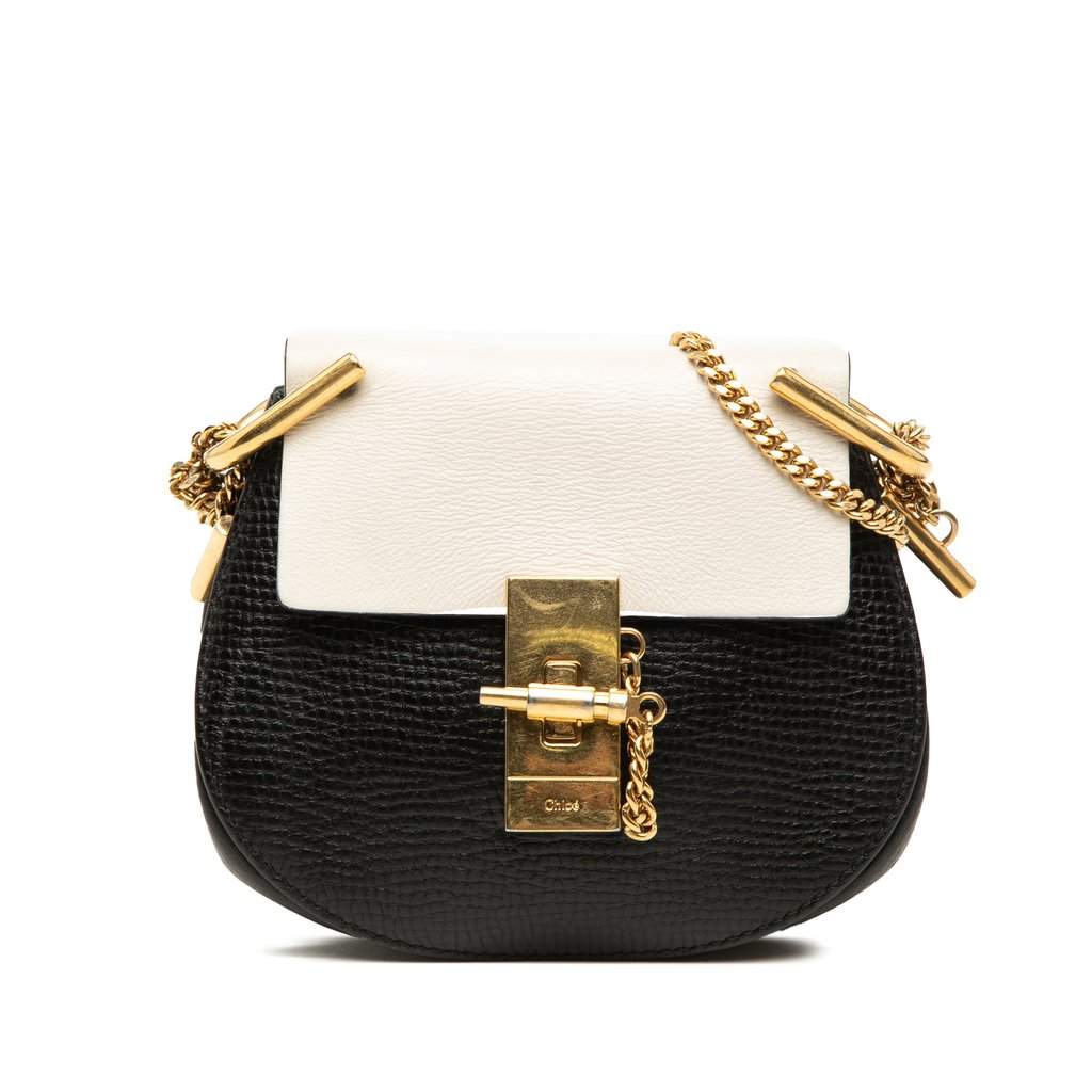 Chloé Mini Bicolor Grained Calfskin Drew Crossbody Black Leather Very good condition - Front View