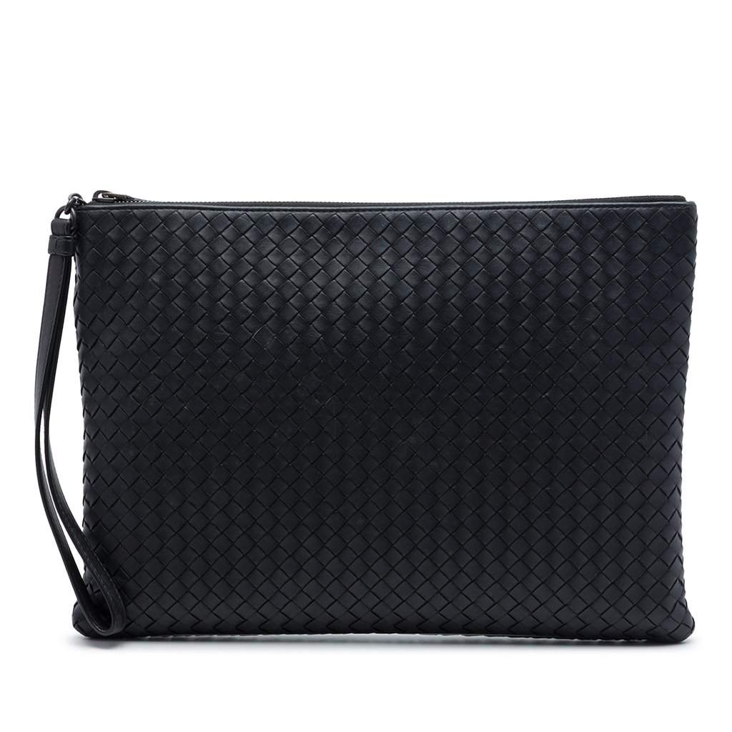 Bottega Veneta Nappa Intrecciato Wristlet Zip Clutch Black Leather Very good - Front View