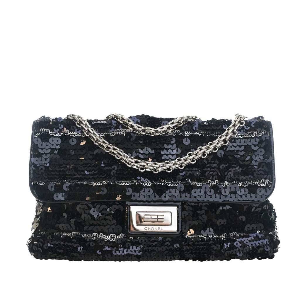 Chanel Patent Trimmed Sequined Satin Reissue 2.55 Single Flap 225 Black Very good condition - Front View