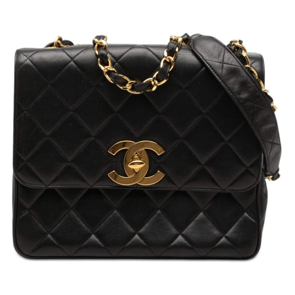 Chanel XL CC Quilted Lambskin Square Single Flap Black Leather Very good condition - Front View