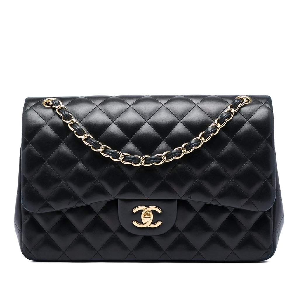 Chanel Jumbo Classic Lambskin Double Flap Black Leather Very good - Front View
