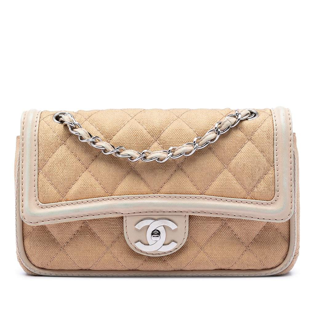 Chanel Medium Classic Canvas Lambskin Trimmed Double Flap Beige Very good condition - Front View