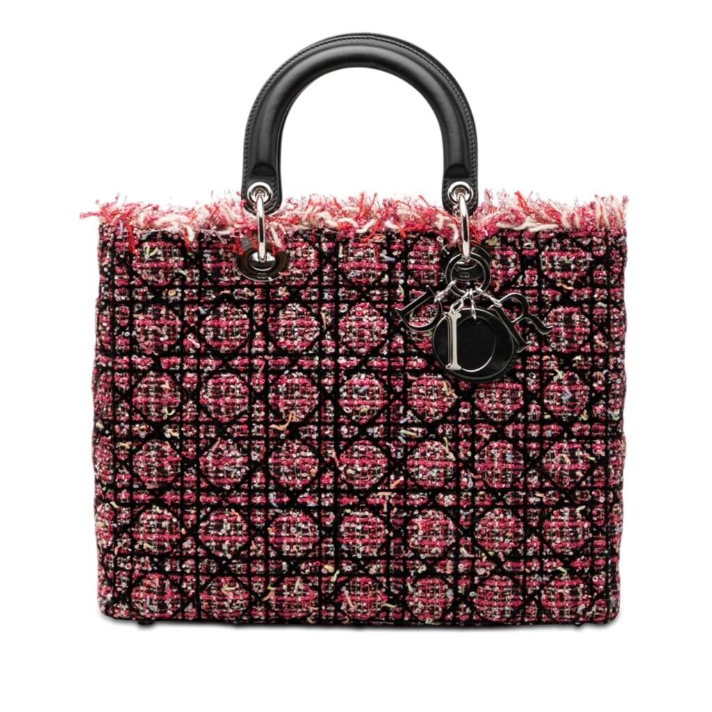 Dior Large Tweed Cannage Fringe Lady Dior Pink Very good condition - Front View