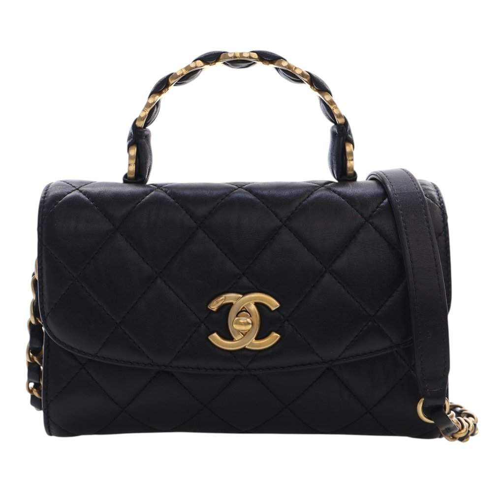 Chanel Mini CC Quilted Lambskin Links Top Handle Flap Black Leather Very good condition - Front View