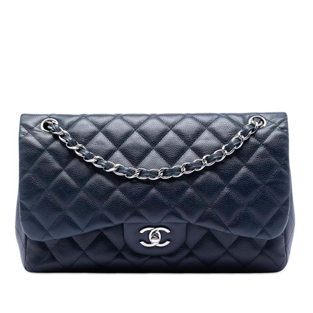 Chanel Jumbo Classic Caviar Double Flap Blue Leather Very good condition - Front View