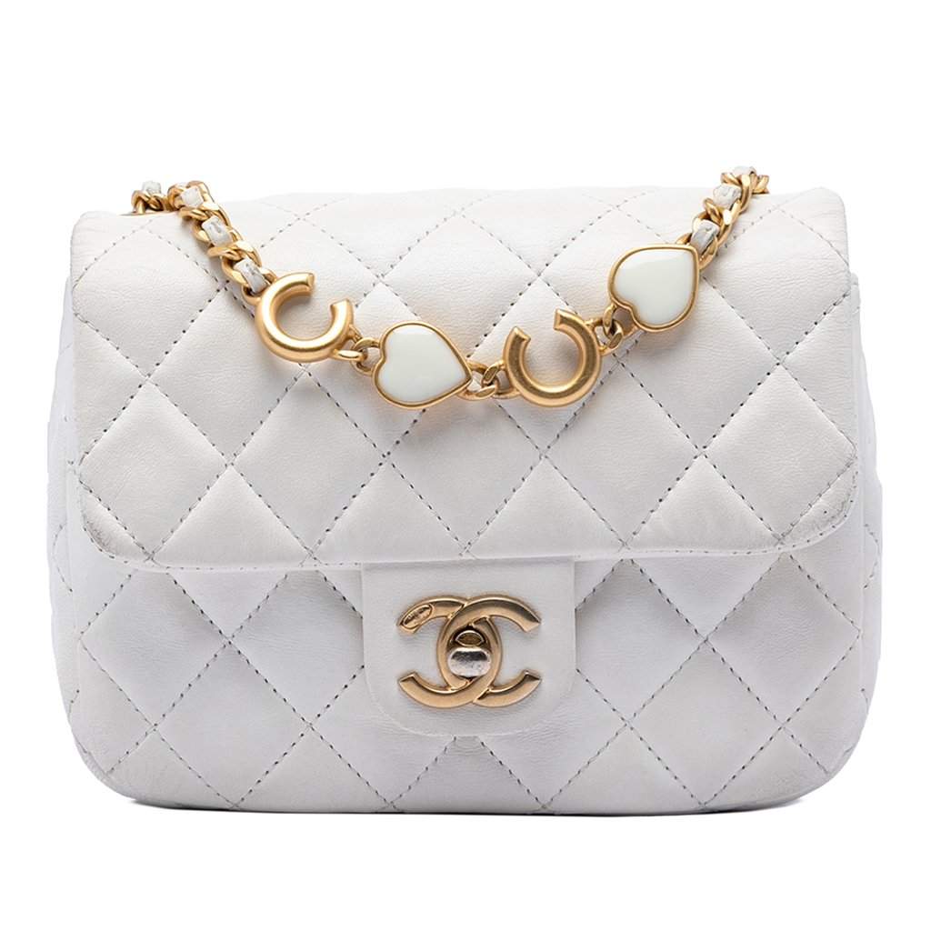 Chanel Mini Square Classic Lambskin Enamel Coco Hearts Single Flap White Leather Very good condition - Front View