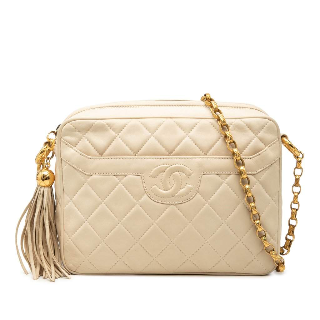 Chanel CC Quilted Lambskin Tassel Crossbody Bag Beige Leather Good condition - Front View