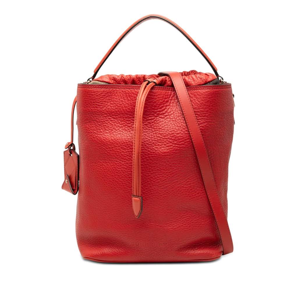 Burberry House Check Canvas and Calfskin Ashby Bucket Bag Red Leather Very good - Front View