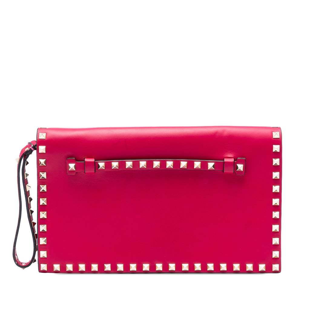 Valentino Leather Rockstud Flap Clutch Pink Leather Very good - Front View