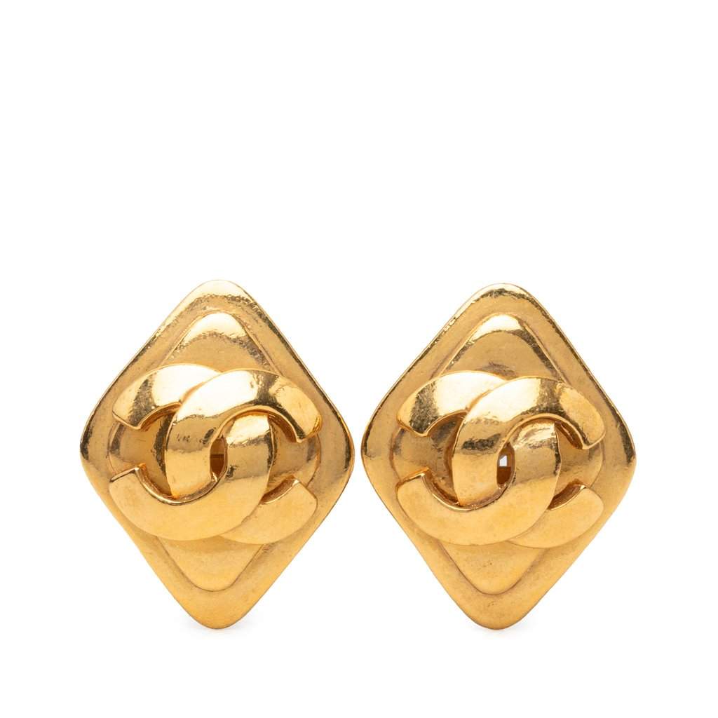 Chanel CC Gold Plated Rhombus Clip On Earrings Gold Metal Very good - Front View