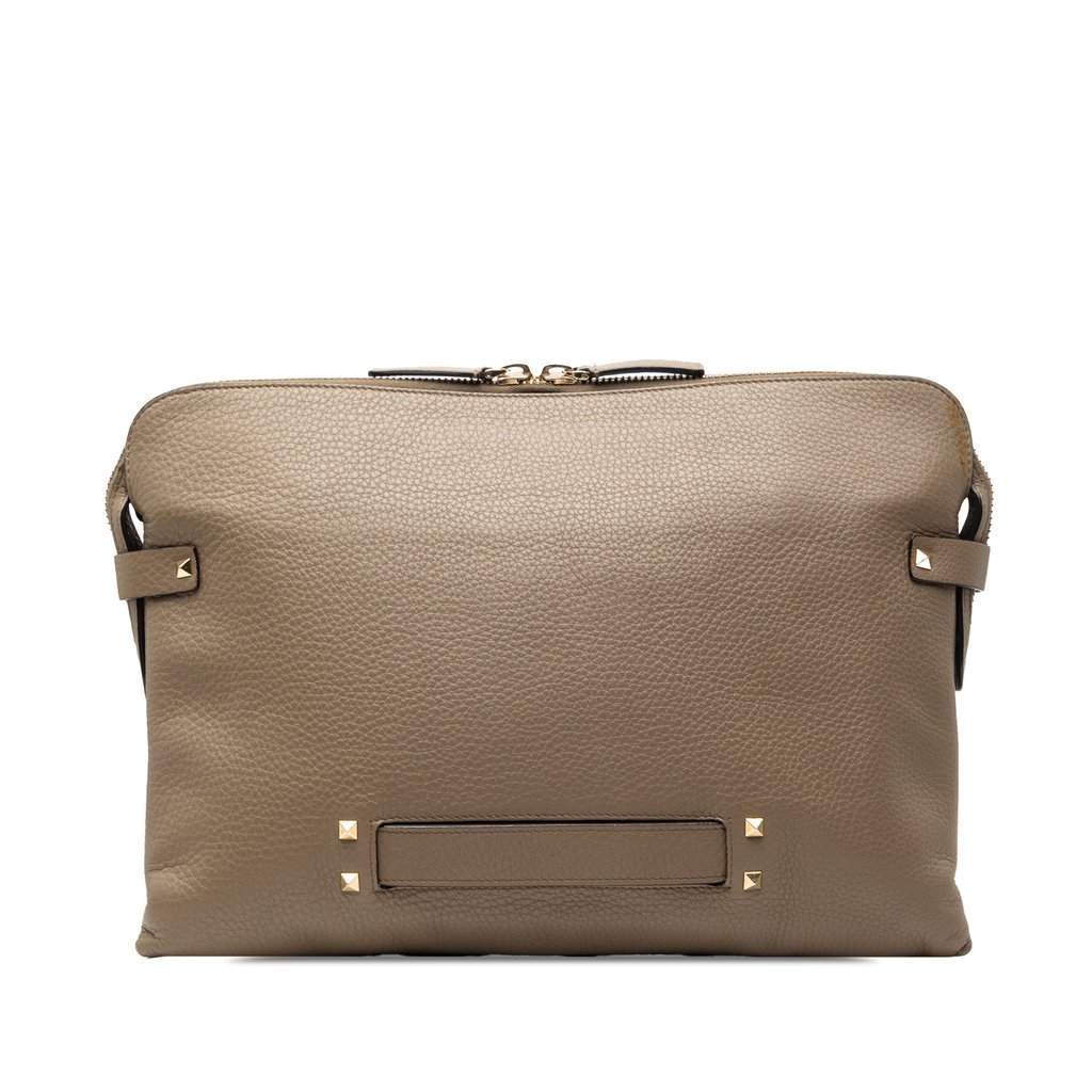 Valentino Grained Calfskin Rockstud Clutch Brown Leather Very good condition - Front View