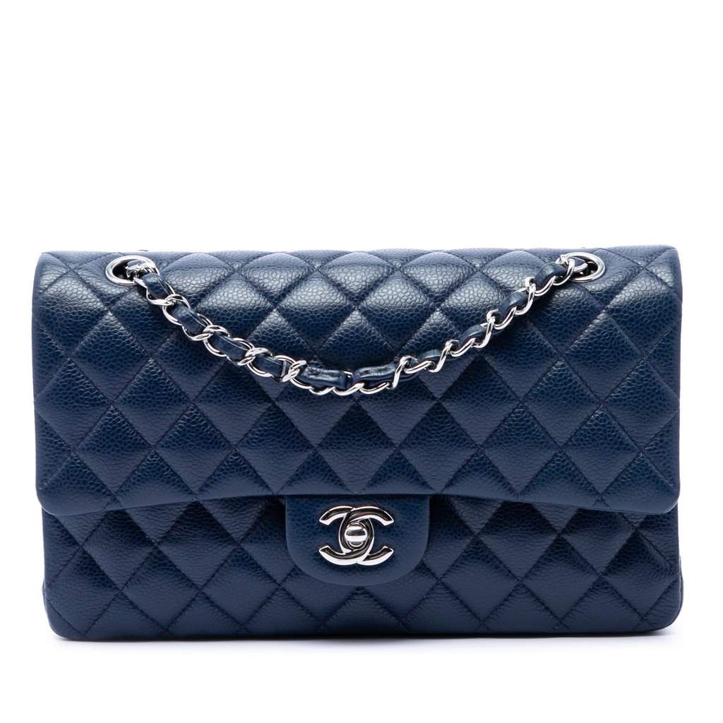 Chanel Medium Classic Caviar Double Flap Blue Leather Very good - Front View