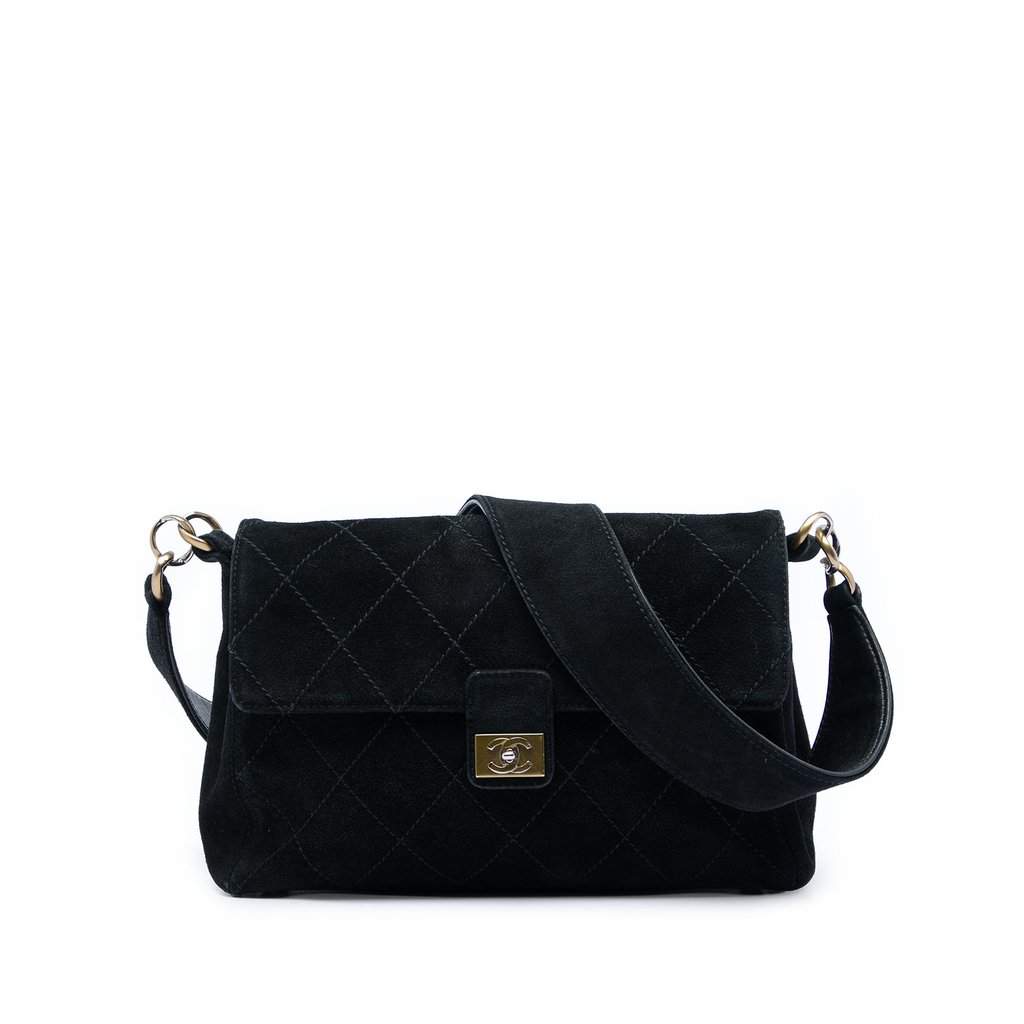 Chanel CC Quilted Suede Shoulder Bag Black Leather Very good condition - Front View