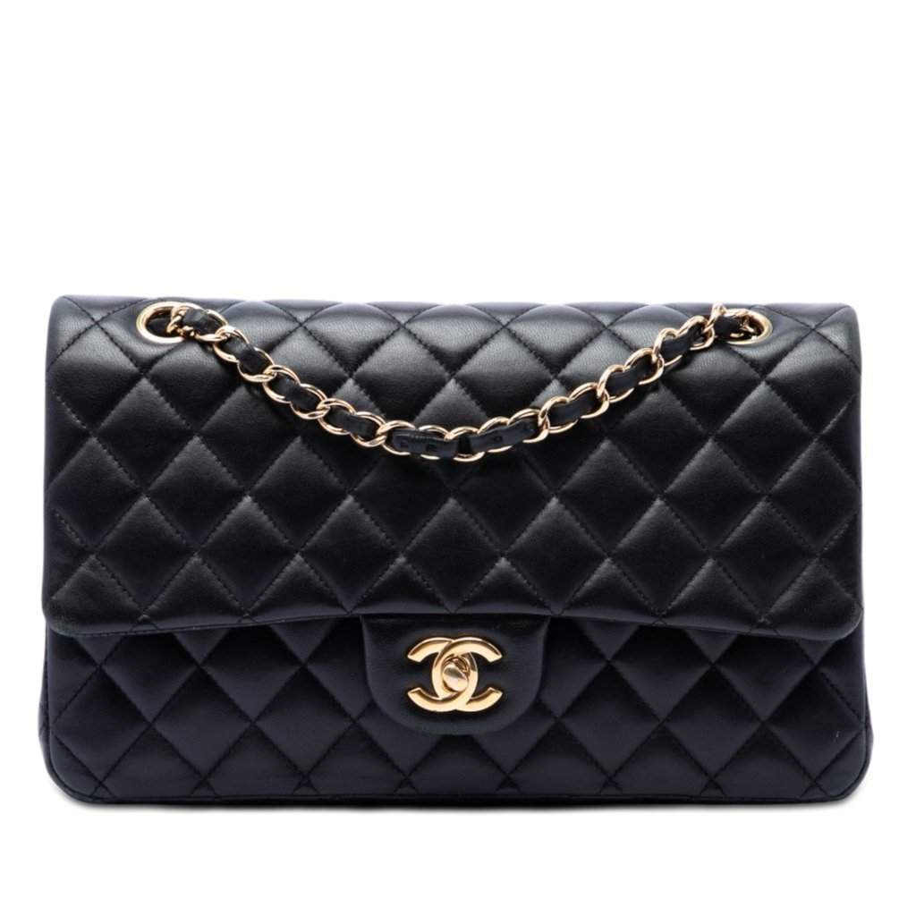 Chanel Medium Classic Lambskin Double Flap Black Leather Very good condition - Front View