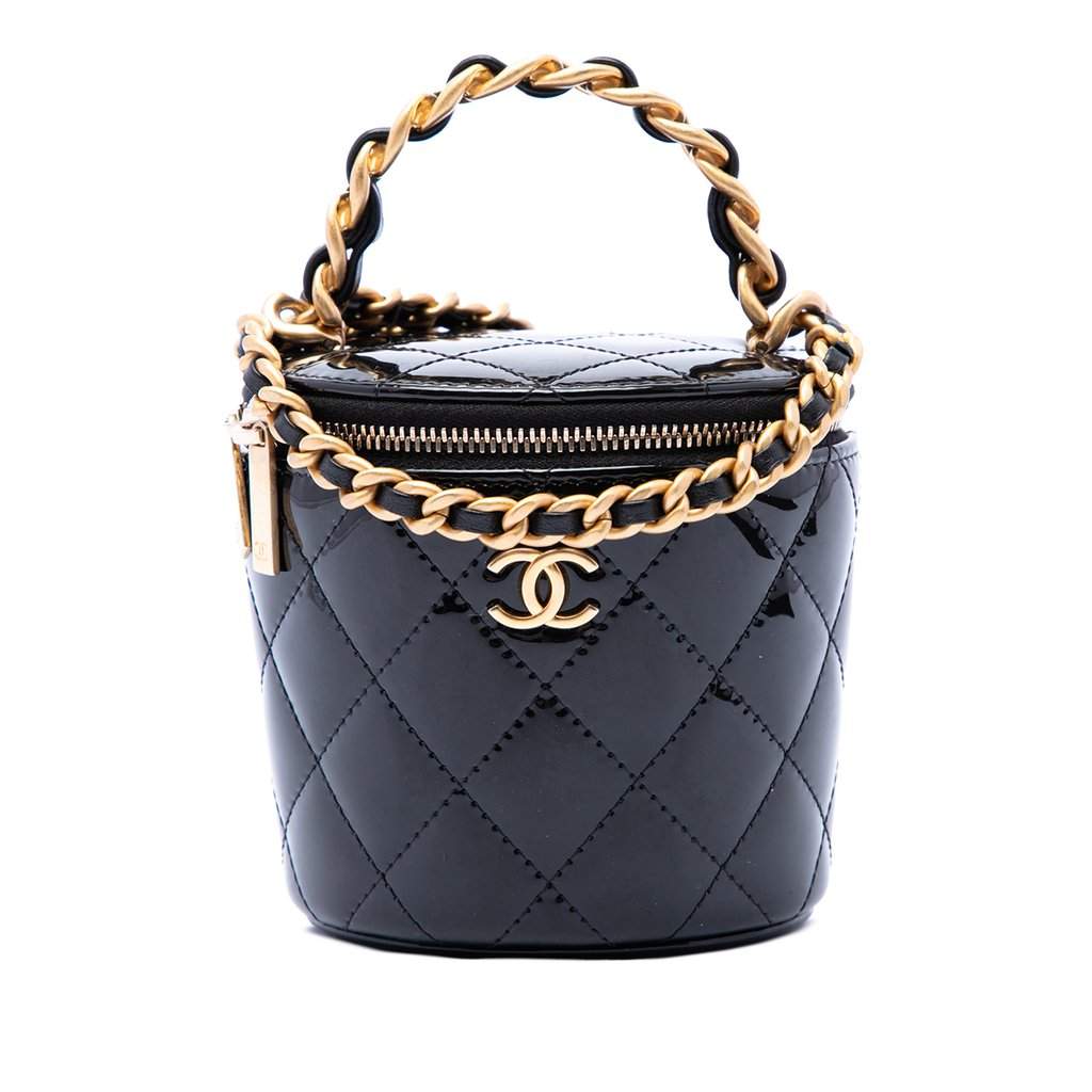 Chanel Quilted Patent Afternoon Tea Top Handle Vanity Case with Chain Black Leather Very good - Front View