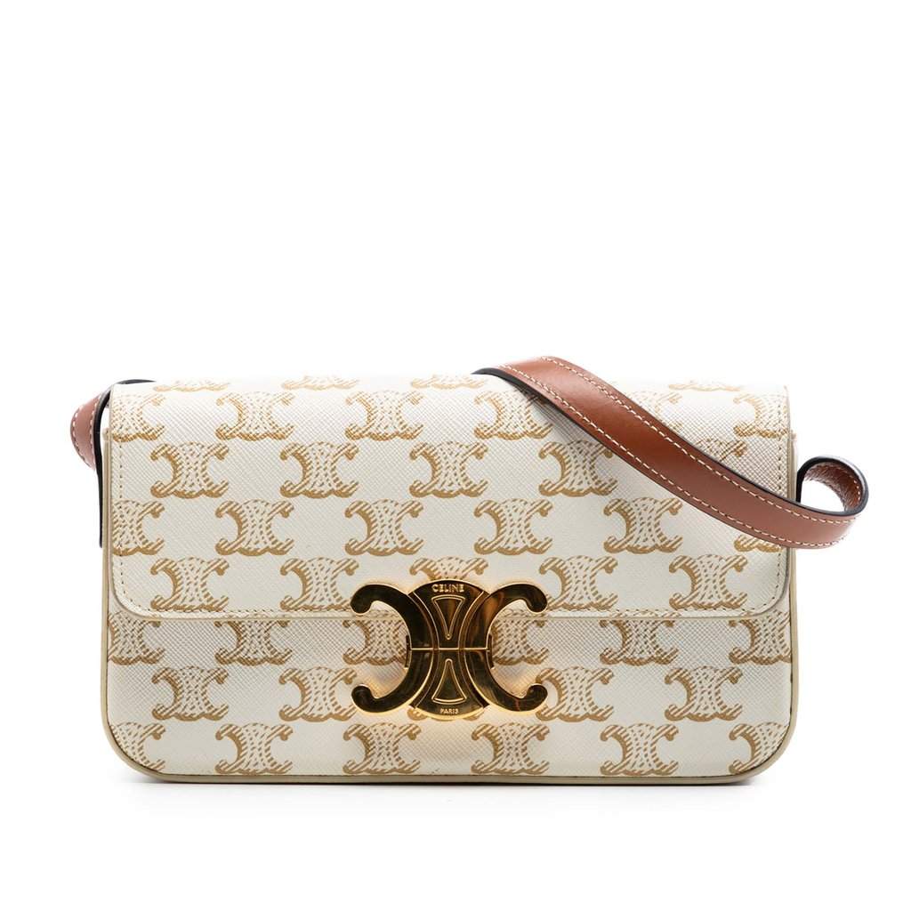 Celine Triomphe Coated Canvas Claude Shoulder Bag White Very good condition - Front View