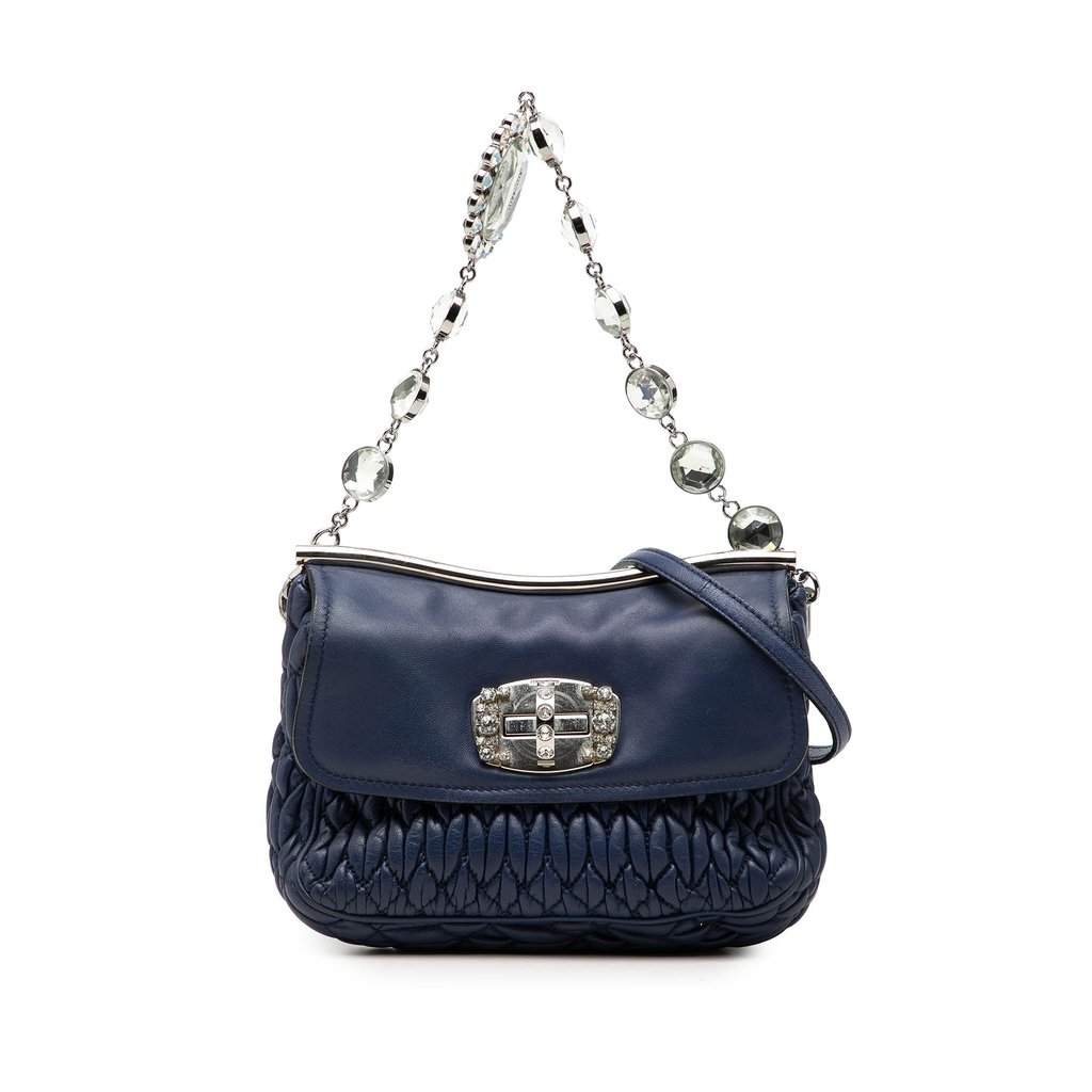 Miu Miu Matelasse Nappa Crystal Frame Flap Satchel Blue Leather Very good - Front View