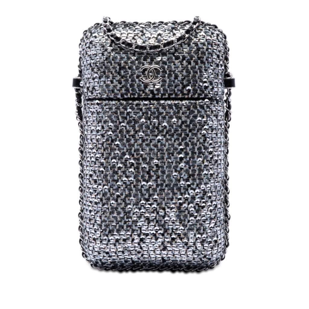 Chanel CC Tweed and Sequin Chain Around Phone Holder Silver Very good condition - Front View