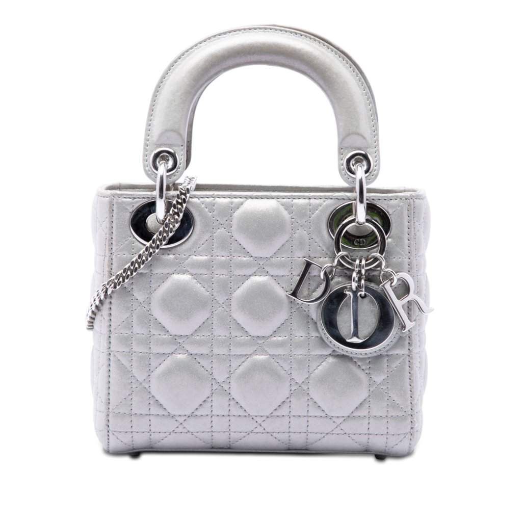 Dior Mini Iridescent Lambskin Cannage Lady Dior Silver Leather Very good condition - Front View
