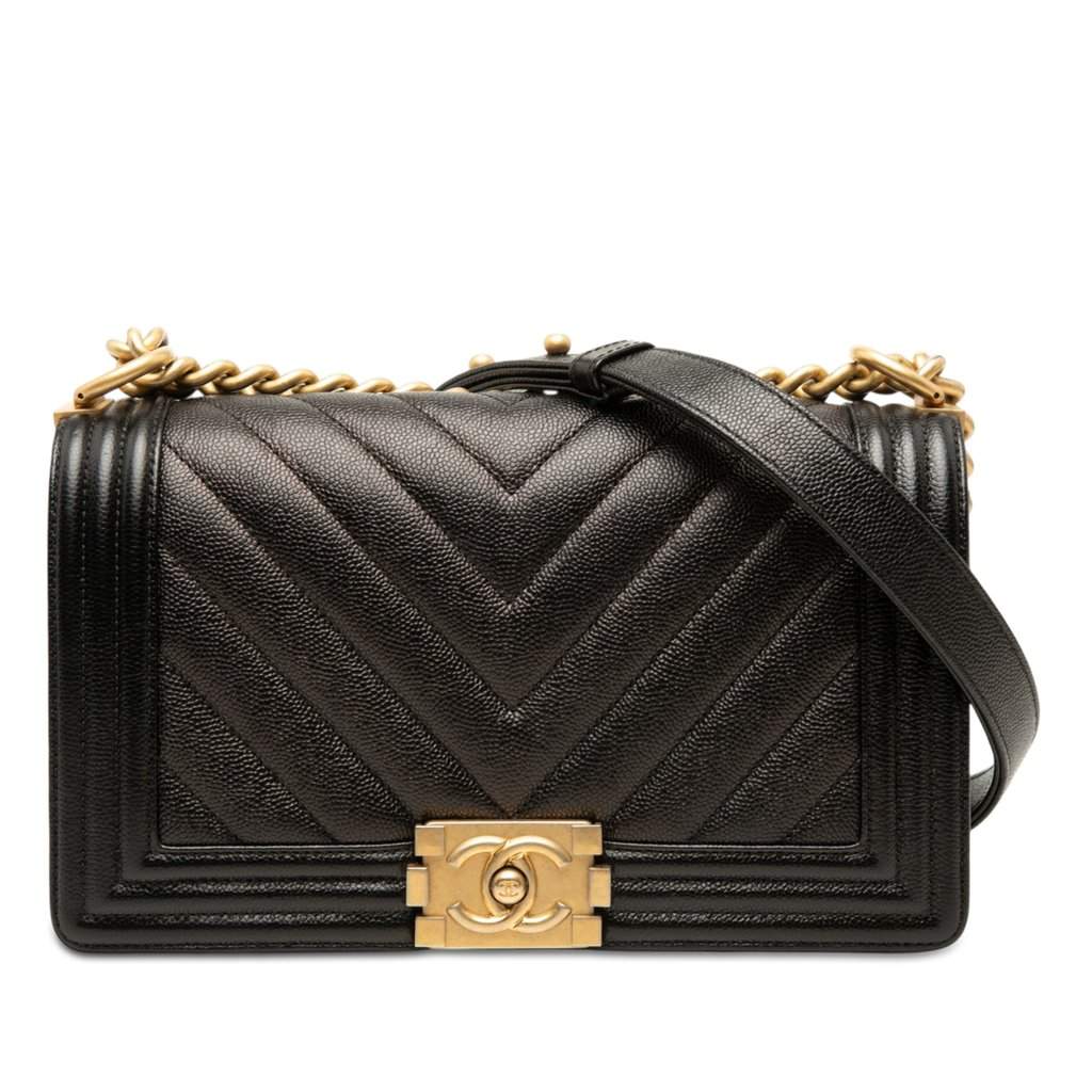 Chanel Old Medium Chevron Caviar Boy Flap Black Leather Very good - Front View
