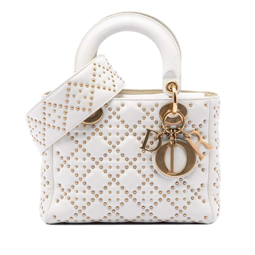 Dior Small Lambskin Cannage Studded Supple Lady Dior White Leather Very good condition - Front View