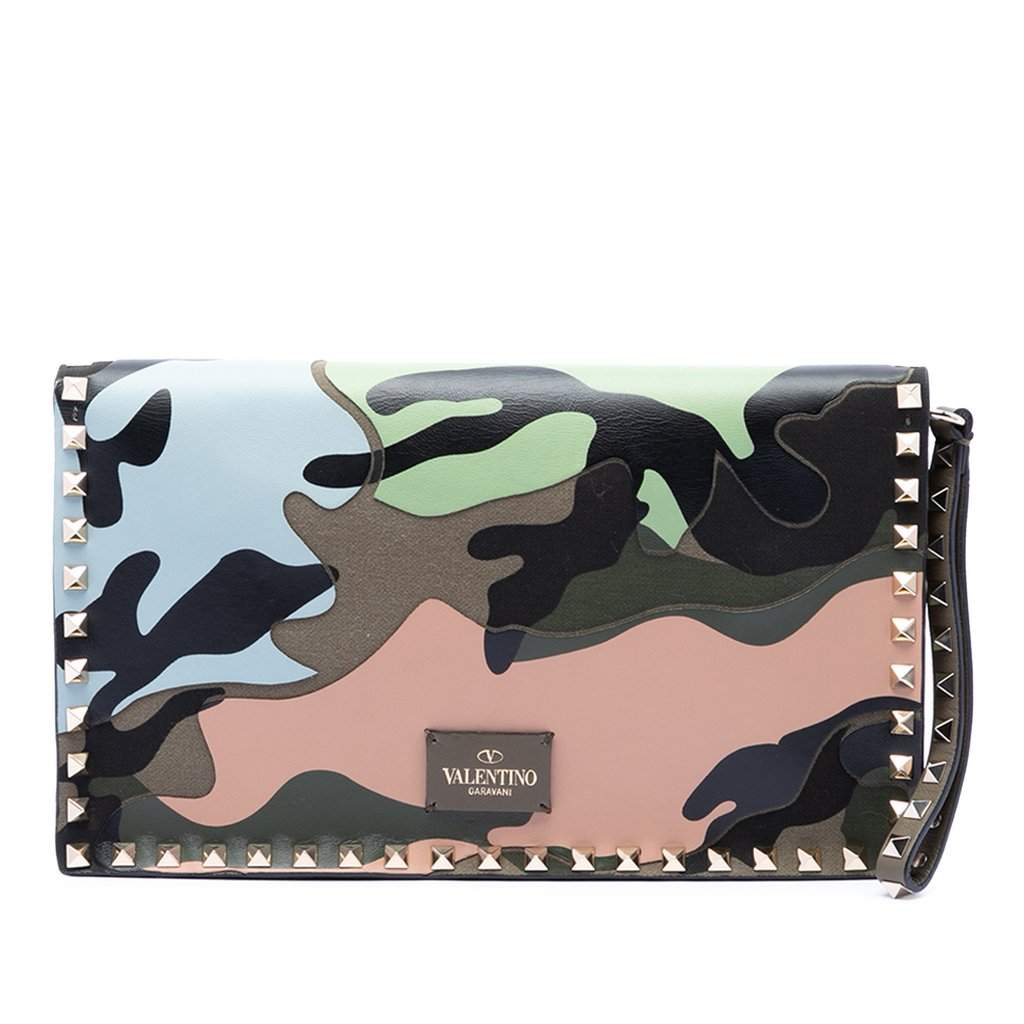 Valentino Canvas and Nappa Camouflage Rockstud Wristlet Clutch Brown Very good - Front View