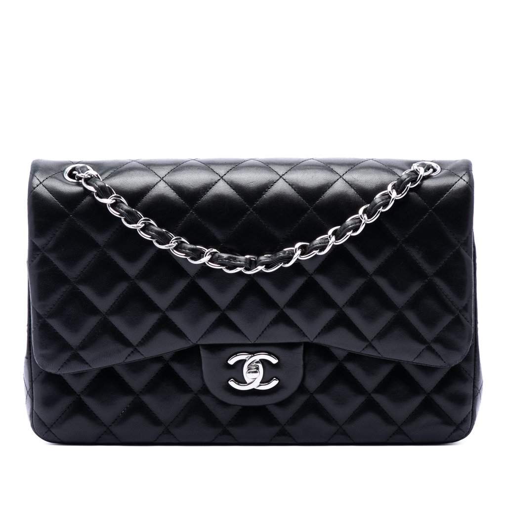 Chanel Jumbo Classic Lambskin Double Flap Black Leather Very good condition - Front View