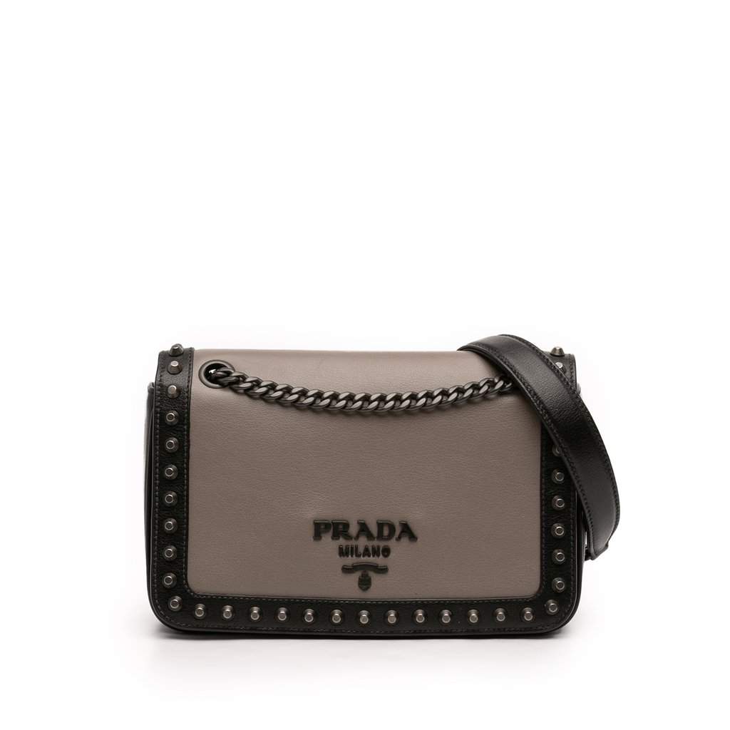 Prada Bicolor Glace Calfskin Studded Crossbody Brown Leather Very good - Front View