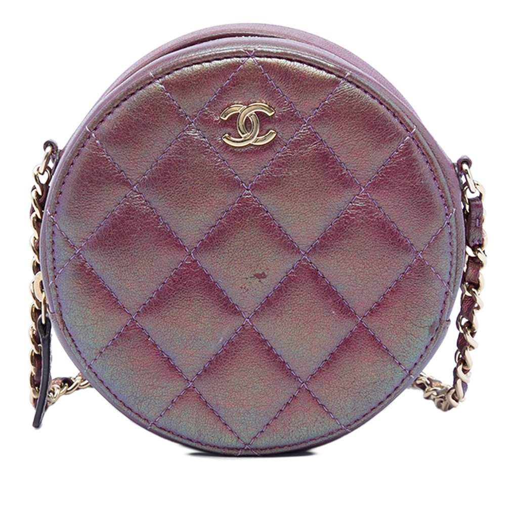 Chanel Quilted Iridescent Lambskin Round Clutch With Chain Purple Leather Very good - Front View