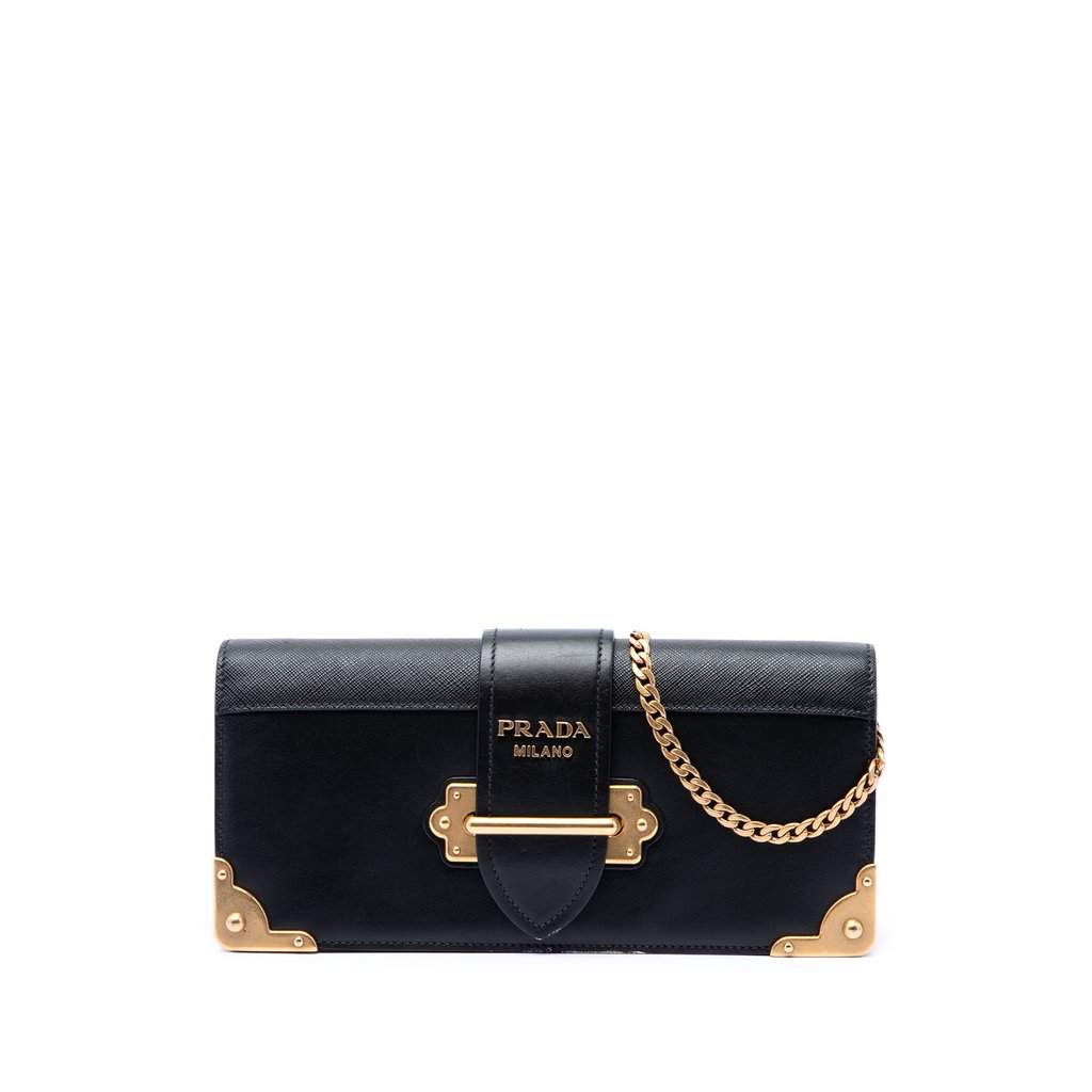 Prada City Calf and Saffiano Cahier Chain Clutch Black Leather Very good - Front View