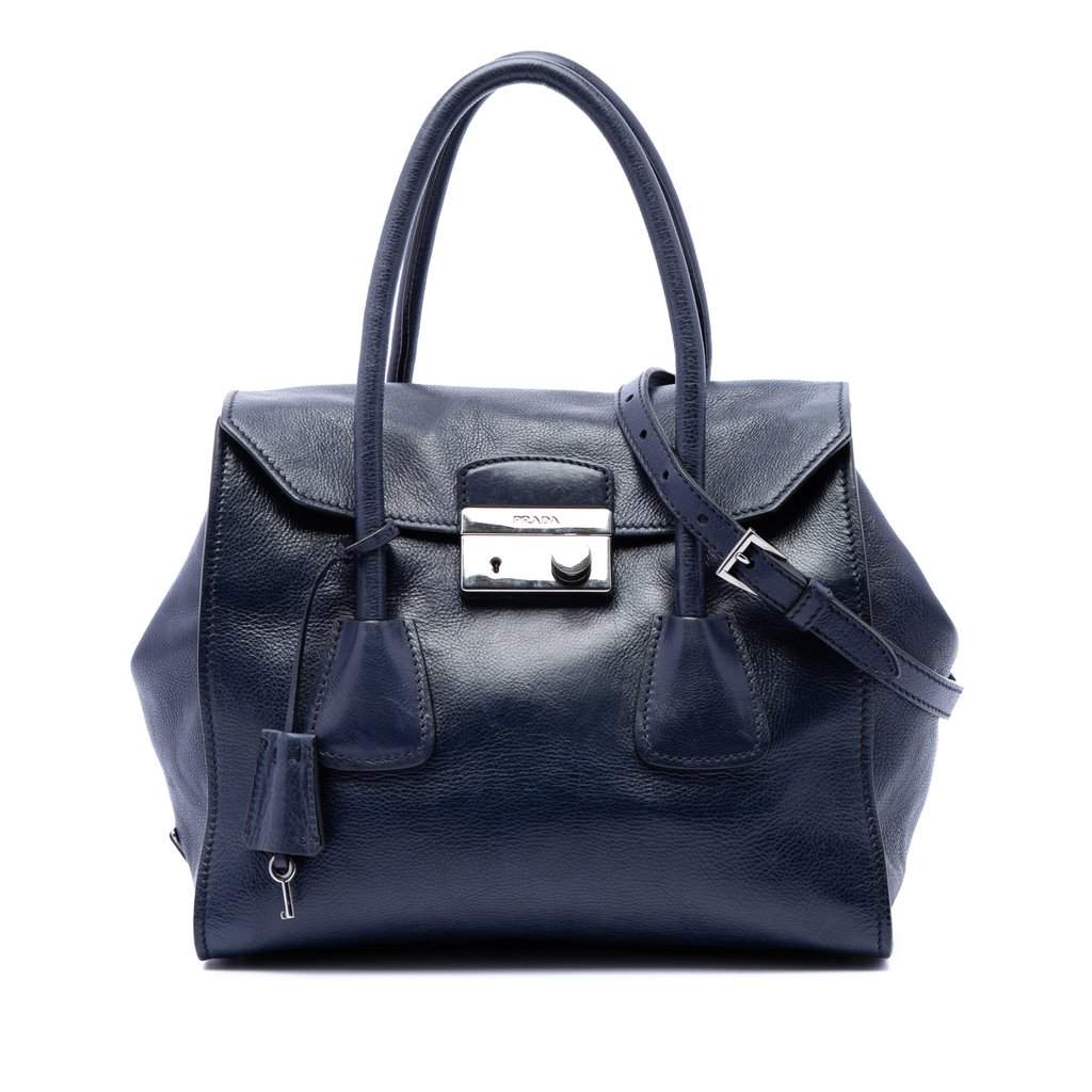 Prada Glace Calf Sound Lock Satchel Blue Leather Very good condition - Front View