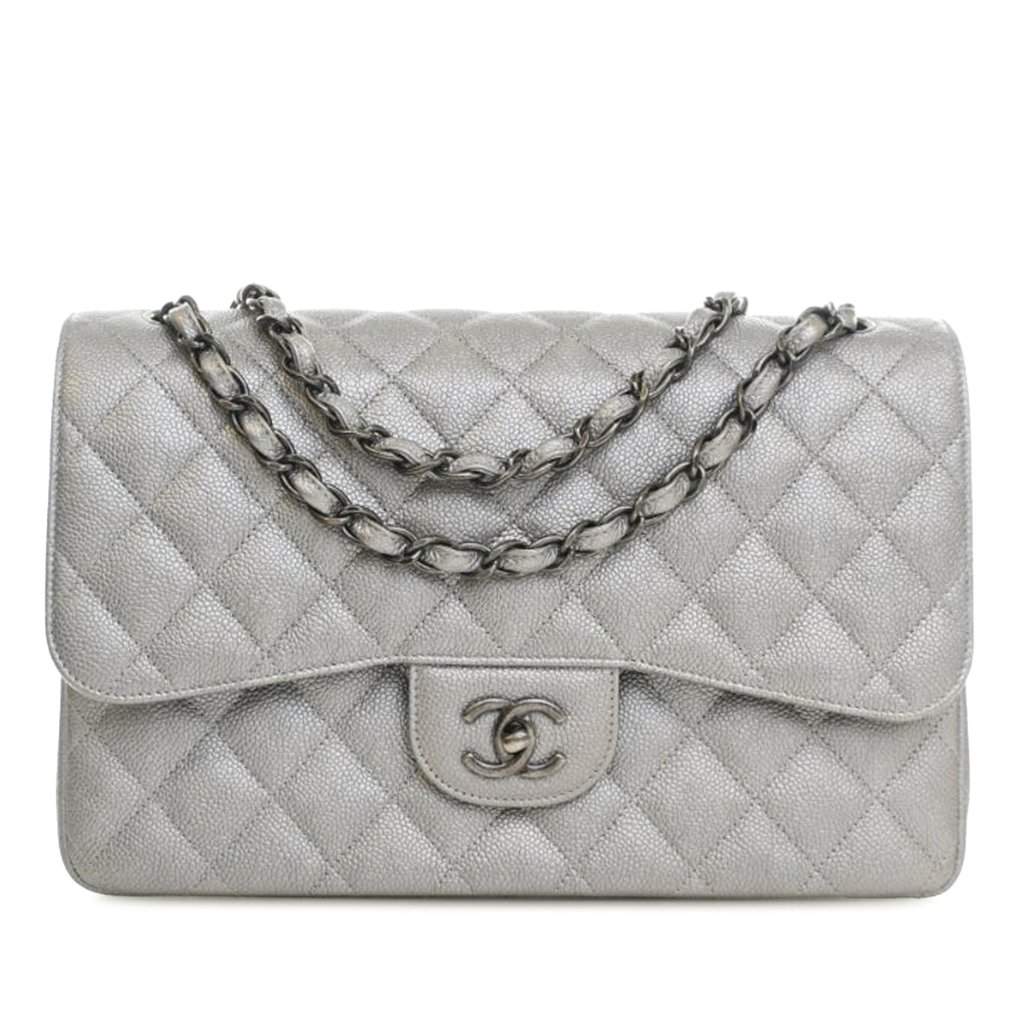 Chanel Jumbo Classic Caviar Double Flap Silver Leather Very good - Front View