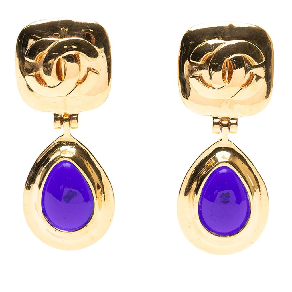 Chanel CC Gold Plated and Gripoix Glass Teardrop Clip on Earrings Gold Metal Very good - Front View