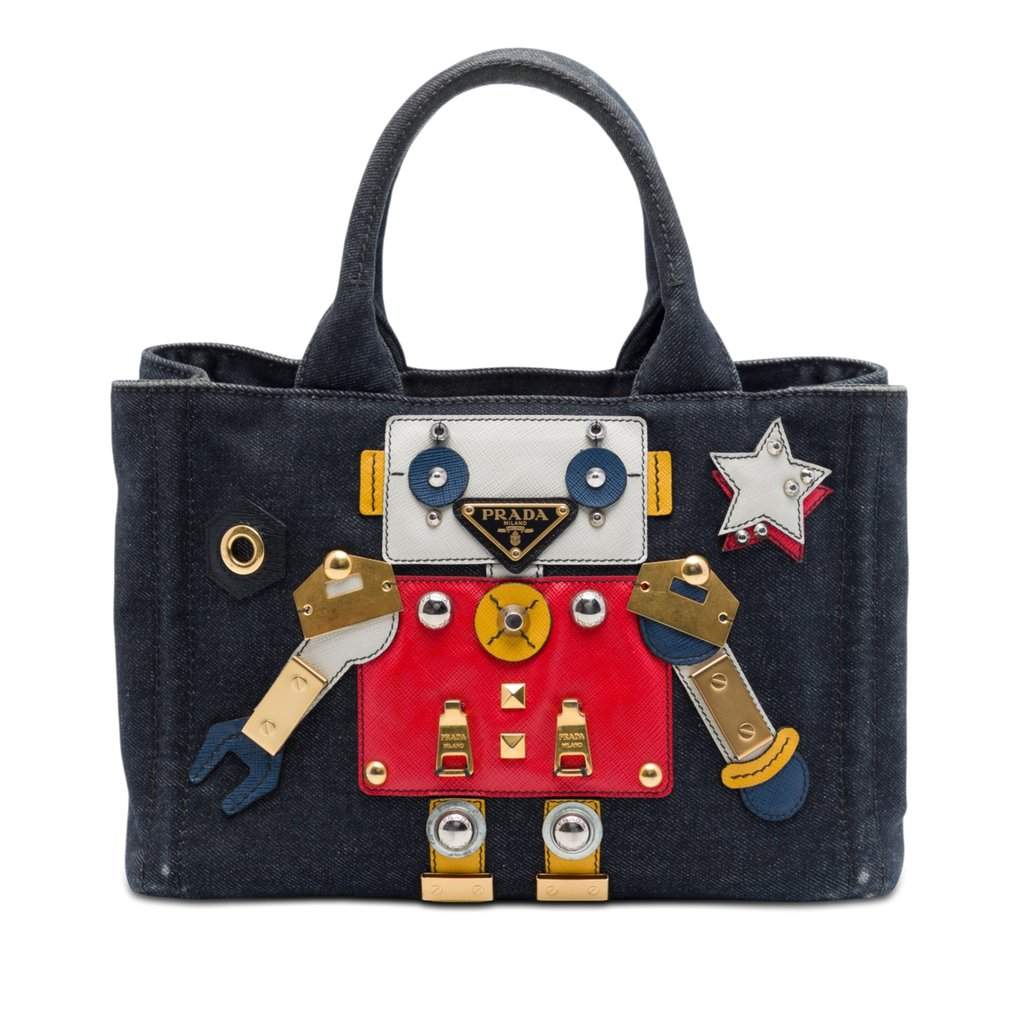 Prada Small Saffiano Trimmed Denim Canapa Robot Satchel Black Very good condition - Front View
