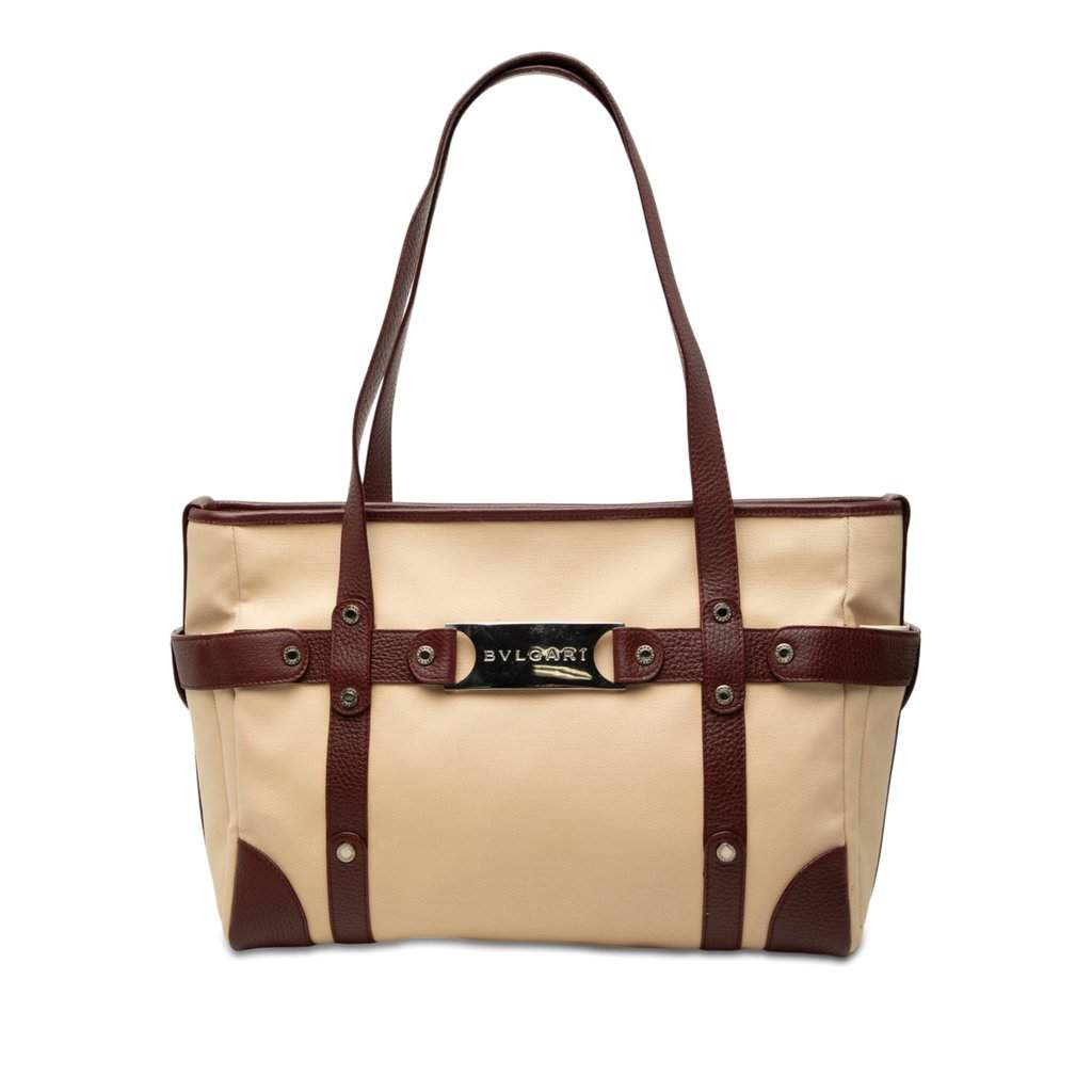 Bvlgari Leather Trimmed Canvas Tote Beige Very good condition - Front View