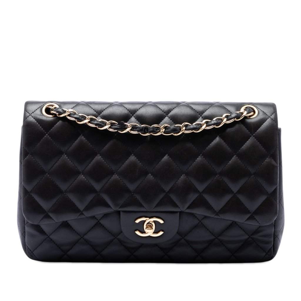 Chanel Jumbo Classic Lambskin Double Flap Black Leather Very good - Front View