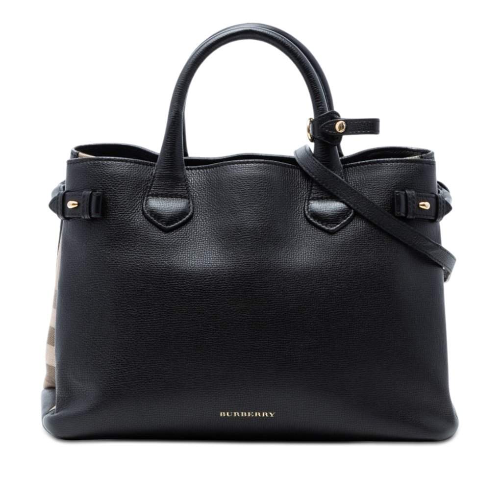 Burberry Medium Leather and House Check Banner Satchel Black Leather Very good condition - Front View