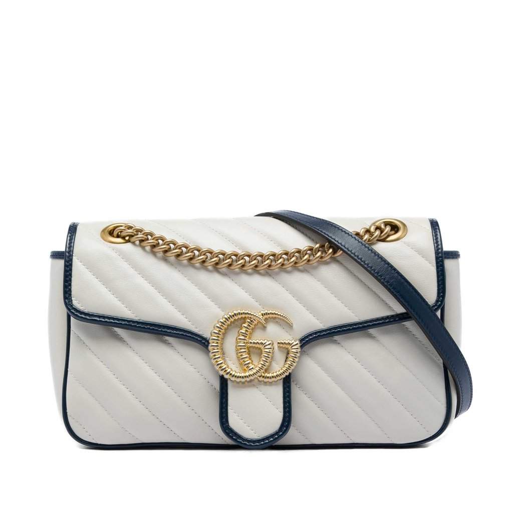 Gucci Medium GG Marmont Matelasse Diagonal Calfskin Torchon Shoulder Bag White Leather Very good condition - Front View