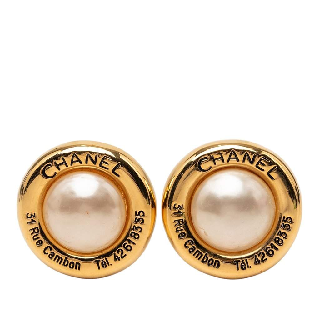Chanel Gold Plated Faux Pearl 31 Rue Cambon Clip on Earrings Gold Metal Very good - Front View