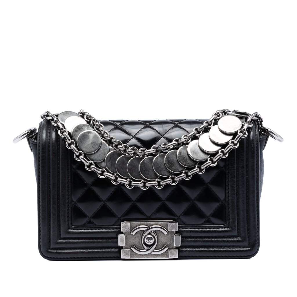 Chanel Paris Bombay Small Quilted Patent Medallion Embellished Boy Flap Black Leather Very good condition - Front View