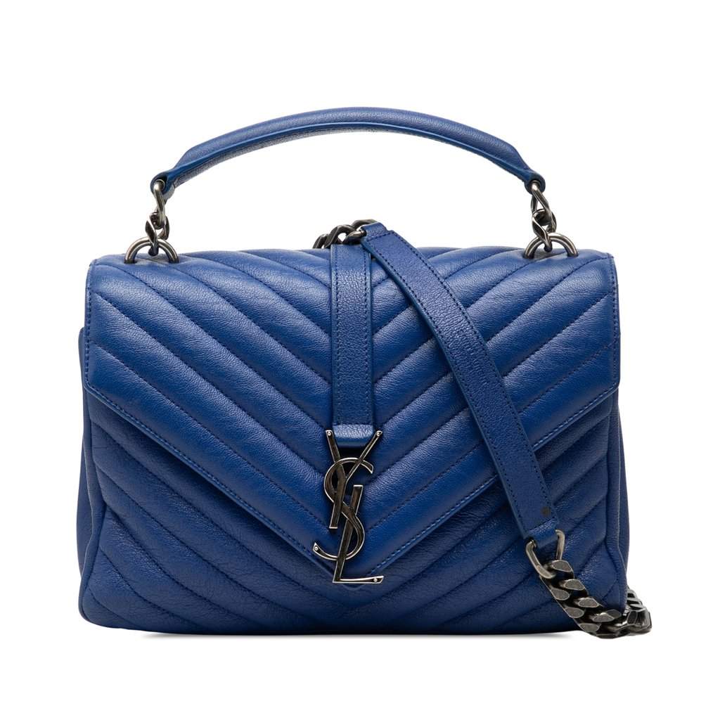 Saint Laurent Medium Quilted Chevron Sheepskin College Satchel Blue Leather Very good - Front View